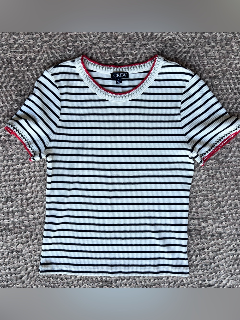 J.Crew Ribbed Stripe Tee Women's Medium Embroidered Trim Knit Short Sleeve Top